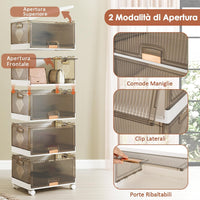 Scatole Immagazzinaggio Impilabili e Pieghevole con Ruote, Contenitore a 5 Ripiani con Coperchi, Organizzatori Trasparente, per Camera da Letto e Soggiorno, Bianco (37,5 x 27,5 x 101,5 cm)