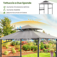 Gazebo per Barbecue, Pergola per BBQ con 2 Ripiani Laterali, Cestino, Ganci Appendiutensili, Apribottiglie, Copertura a 2 Livelli, per Giardino e Cortile, 242 x 153 x 250 cm (Grigio)