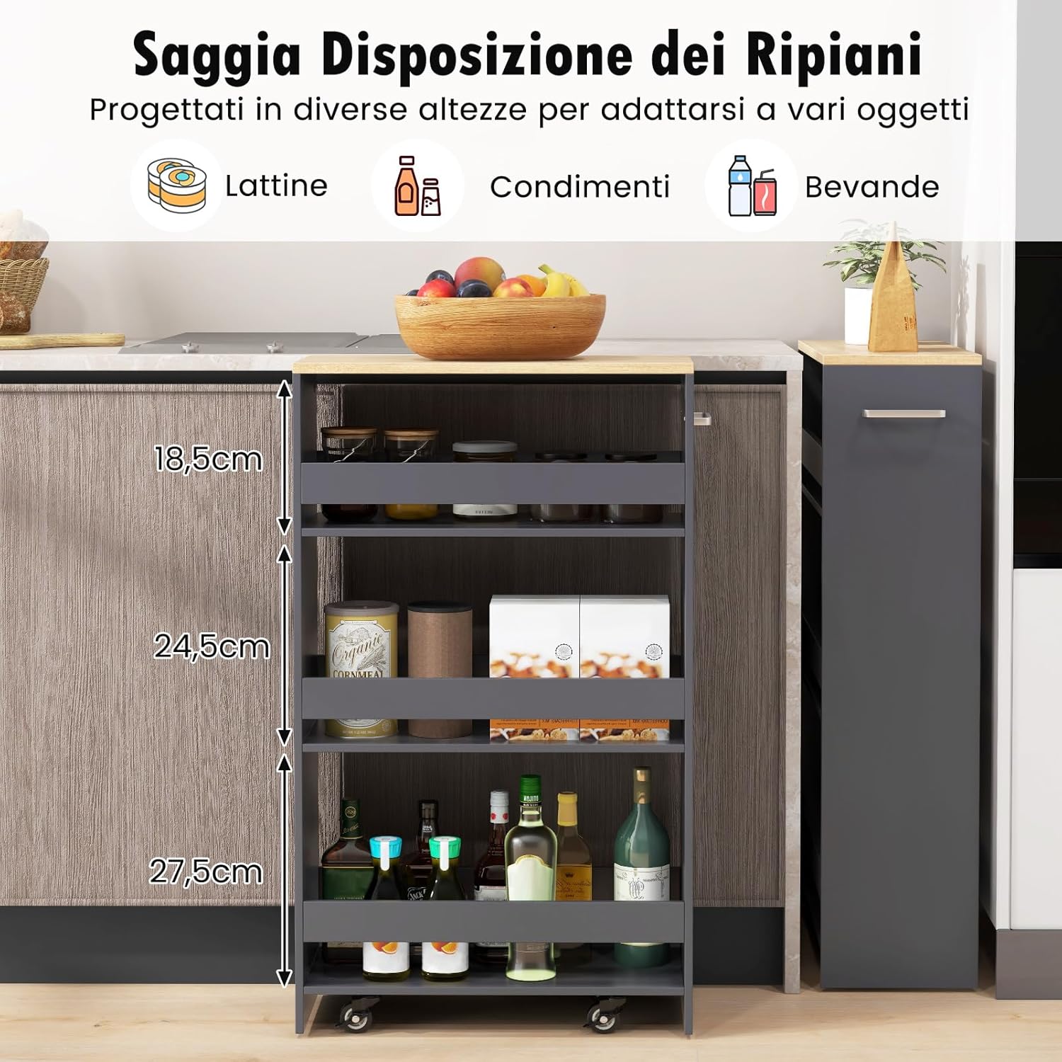 Carrello da Cucina a 4 Ripiani, Carrello in Legno con 4 Ruote Universali, Carrello Scaffale Stretto Salvaspazio con Manico per Bagno, Ufficio e Officina, 47,5 x 20 x 80,5 cm (Grigio)