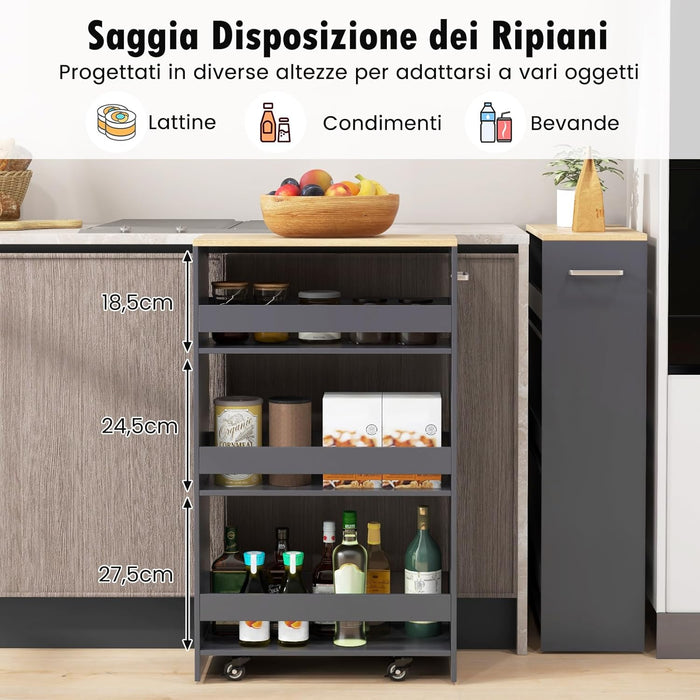 Carrello da Cucina a 4 Ripiani, Carrello in Legno con 4 Ruote Universali, Carrello Scaffale Stretto Salvaspazio con Manico per Bagno, Ufficio e Officina, 47,5 x 20 x 80,5 cm (Grigio)