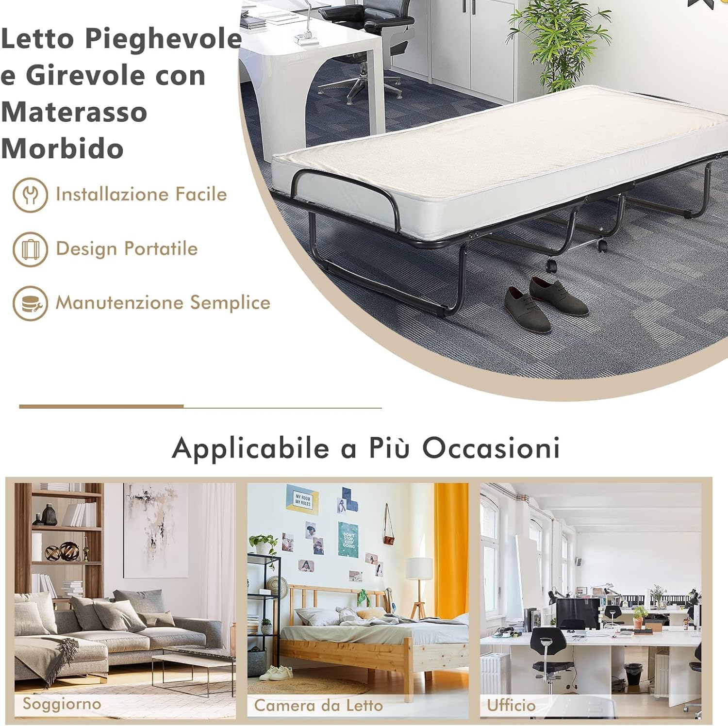 Letto Brandina Pieghevole 190x80 cm, Letto Portatile con Materasso 10 cm in Memory Foam, con Telaio in Metallo e Ruote, Carico di 130kg (Stile 1)