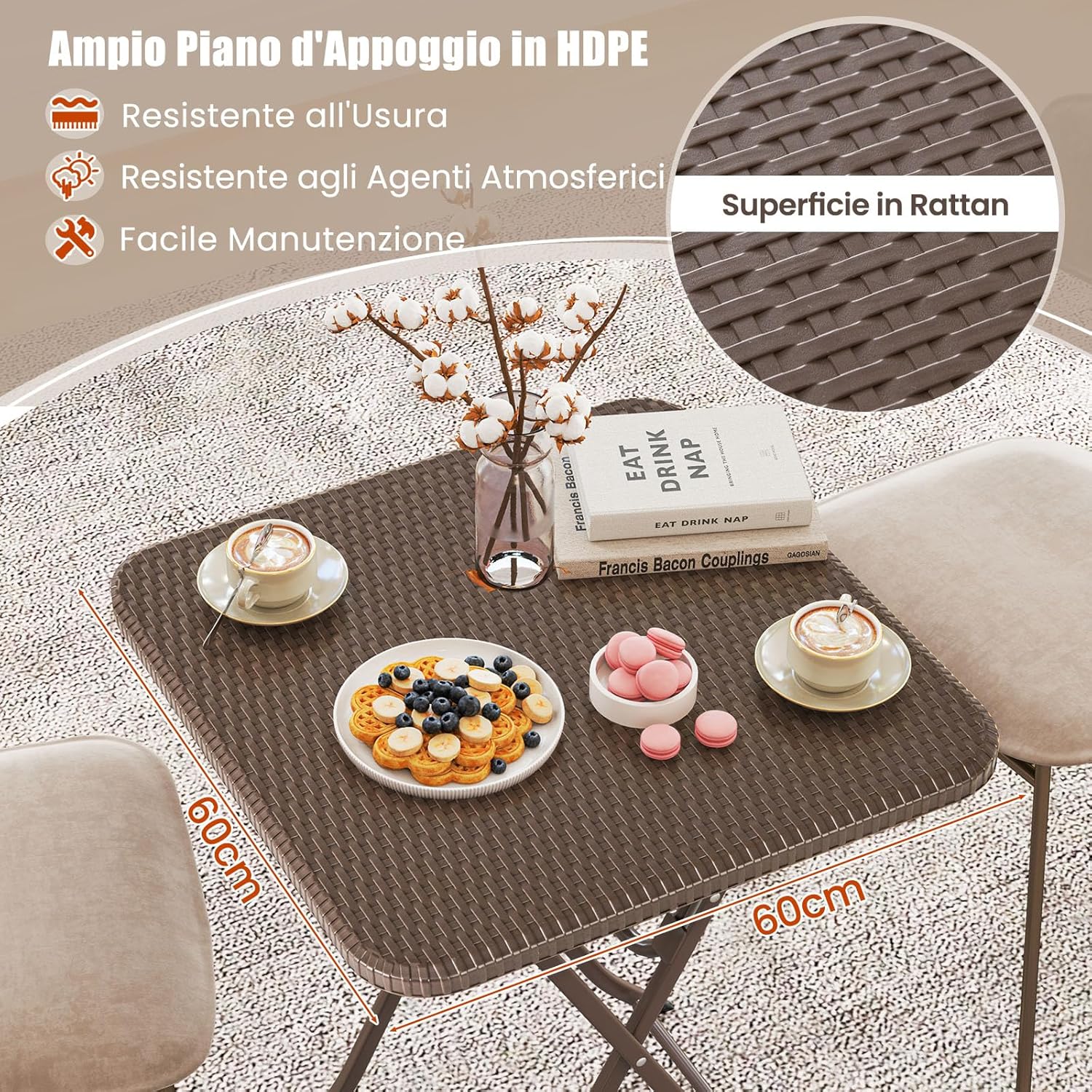 Tavolino Pieghevole Quadrato 60 cm, Tavolo da Pranzo per Interni ed Esterni con Piano in Rattan, Maniglia per Trasporto, Tavolo da Picnic per 4 Persone, Portata 50 kg