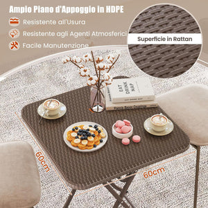 Tavolino Pieghevole Quadrato 60 cm, Tavolo da Pranzo per Interni ed Esterni con Piano in Rattan, Maniglia per Trasporto, Tavolo da Picnic per 4 Persone, Portata 50 kg