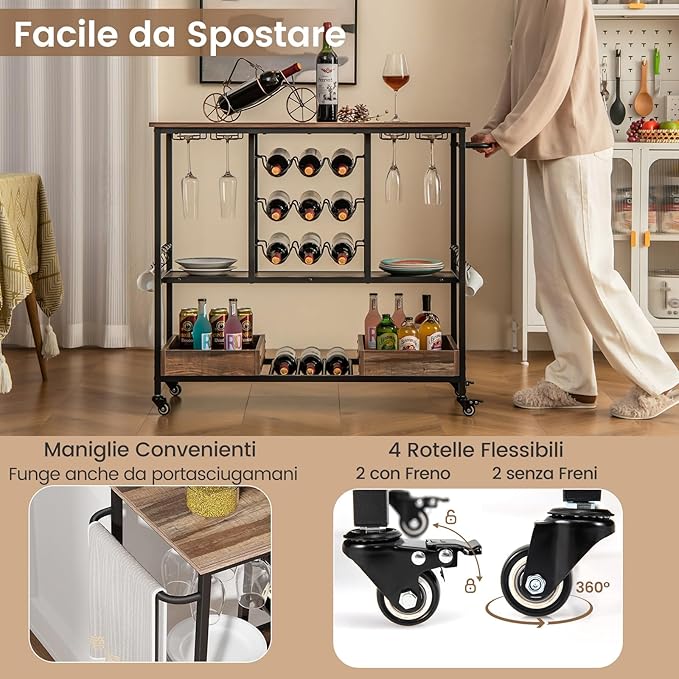 Carrello Bar a 3 Livelli, Carrello Portabevande con Portabicchieri, Portabottiglie, 8 Ganci e 2 Scatole Portaoggetti, Carrello di Vino per Cucina, Sala da Pranzo e Soggiorno