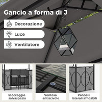 Set Bar da Patio a 3 Pezzi, Gazebo per Griglia e 2 Sgabelli da Bar con Tavolo in Vetro Temperato, Ripiani in Metallo, Portabicchieri, per Giardino Cortile e Spiaggia (Grigio)