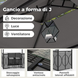 Set Bar da Patio a 3 Pezzi, Gazebo per Griglia e 2 Sgabelli da Bar con Tavolo in Vetro Temperato, Ripiani in Metallo, Portabicchieri, per Giardino Cortile e Spiaggia (Grigio)