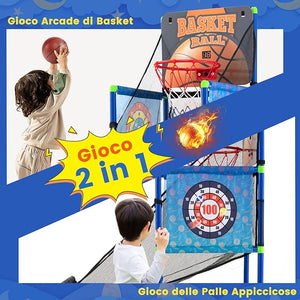 Macchina da Pallacanestro per Bambini, Set Giochi 2-in-1 da Interno ed Esterno per Basket e Palline Attaccanti con Segnapunti Elettronico ed Effetti Sonori, Regalo per Bambini e Bambine 3+
