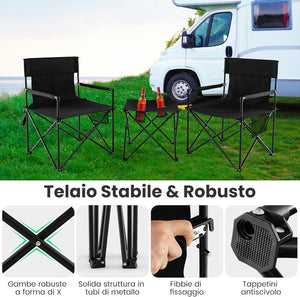 Set di 3 Sedie da Campeggio Pieghevoli, Sedia da Giardino Portatile e Tavolino con 2 Portabicchieri, Tasche Portaoggetti, per Pesca, Escursioni, Picnic