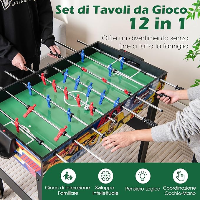 12 in 1 Set da Tavolo per Giochi Combo, Tavolo Multiuso con Calcio Balilla Air Hockey Biliardo Ping Pong Scacchi Bowling, Set Combinato per Giochi Multipli per Casa Ufficio Bar Dormitorio