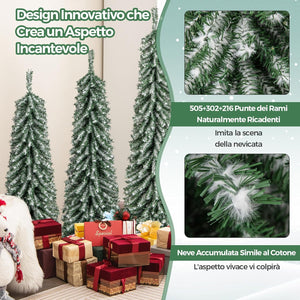 Albero di Natale Slim e Innevato con Luci 120/150 / 180 CM, Set di Alberi di Natale Artificiali Realistico con 216 & 302 & 505 Punte di Rami e 100 & 120 & 180 Luci LED