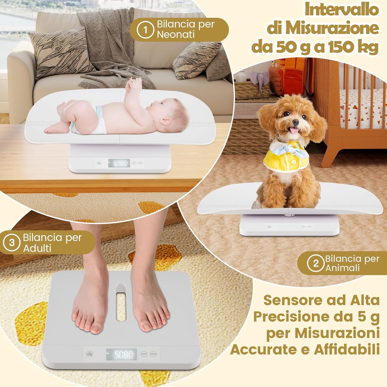 Bilancia per Neonati, Bilancia con Vassoio Rimovibile per Misurazione del Peso Corporeo e dell'Altezza, Bilancia Digitale con Schermo LED per Bambini, Animali Domestici e Adulti