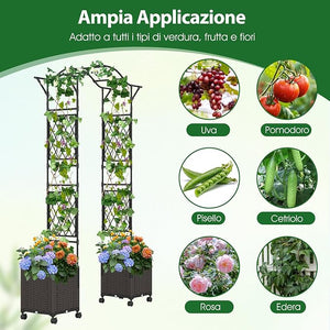 Arco da Giardino con 2 Fioriere Auto-irriganti e Ruote, Supporto per Piante in Metallo Rivestita PE Antiruggine, Grande Arco per Viti e Rose da Matrimonio all'Aperto (Nero)