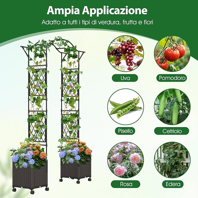 Arco da Giardino con 2 Fioriere Auto-irriganti e Ruote, Supporto per Piante in Metallo Rivestita PE Antiruggine, Grande Arco per Viti e Rose da Matrimonio all'Aperto (Nero)