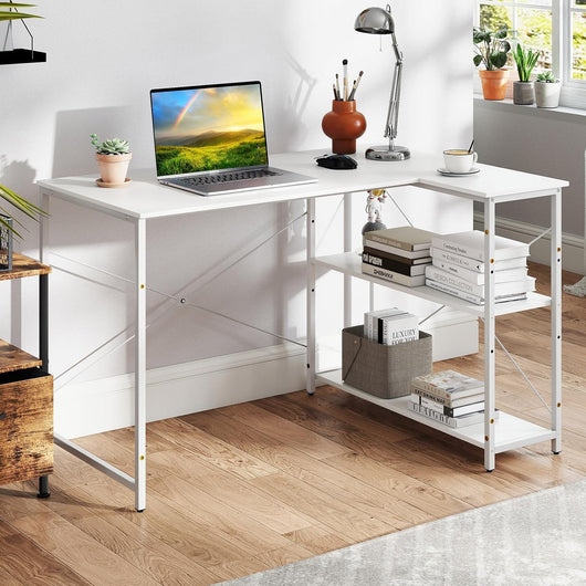 Scrivania a forma di L da 118 cm, tavolo per computer con ripiano reversibile, scrivania ad angolo moderno con ripiano regolabile, per studio, ufficio (bianco)