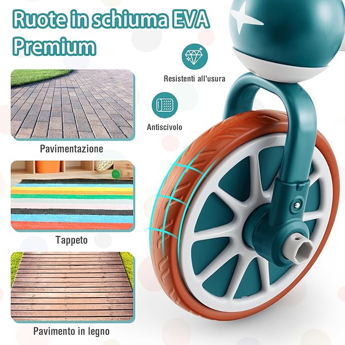 4 in 1 Triciclo per Bambini con Maniglia di Spinta, Triciclo per Bambini Bicicletta Equilibrio con Maniglia, Sedile Regolabili e Pedali Rimovibili, per 2-4 anni (Verde)