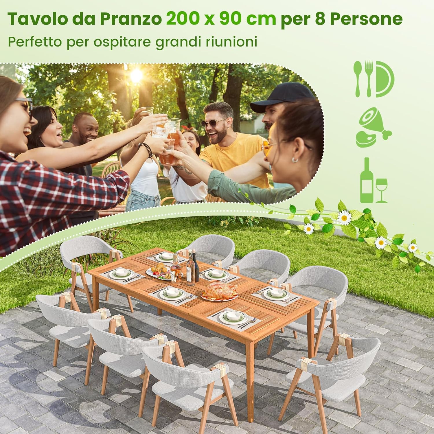 Tavolo Pranzo da Giardino a 8 Posti, Tavolo in Legno con Foro per Ombrellone 5 cm, per Giardino Patio Piscina, Portata 160 kg, 200 x 90 x 75 cm