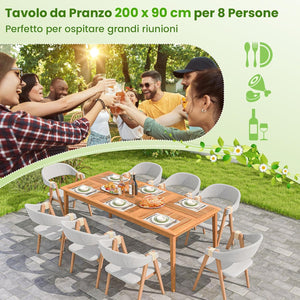 Tavolo Pranzo da Giardino a 8 Posti, Tavolo in Legno con Foro per Ombrellone 5 cm, per Giardino Patio Piscina, Portata 160 kg, 200 x 90 x 75 cm