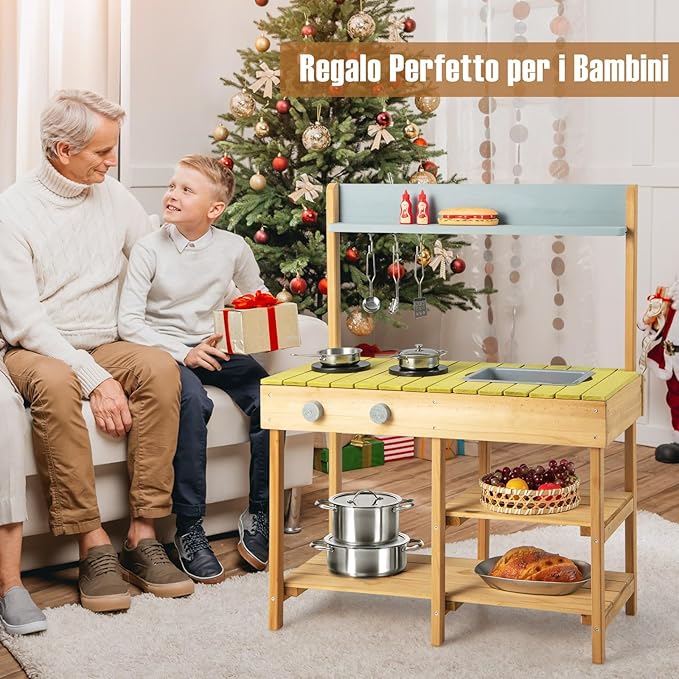 Cucina Giocattolo in Legno, Cucina per Bambini in Legno con Ganci Appendibili, 2 Fornelli, Lavello Rimovibile e Scaffali Aperti, Set da Giocattolo per Bambini 3+ Anni