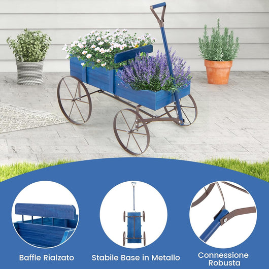 Fioriera da Esterno a Forma di Carrello, Carriola da Giardino in Legno, Decorazione per Giardino e Cortile dal Design Vintage (Blu)