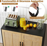 Credenza da Cucina, Armadio con 2 Ante Intrecciate in Rattan, Ripiano Regolabile a 3 Posizioni, Armadietto Boho per Cucina, Sala da Pranzo, Soggiorno e Corridoio, 80 x 38 x 81 cm (Nero)