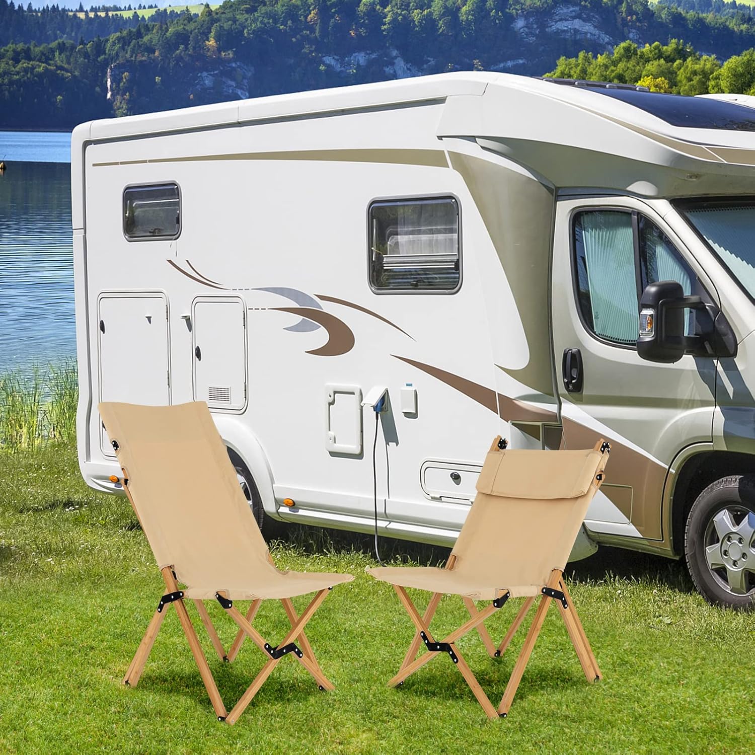 Sedia da Campeggio Pieghevole e Portatile, Sedia in bambù con Schienale Regolabile a 2 Livelli e Borsa, Sedia in Tela Ultraleggera per Picnic, Spiaggia e Patio, Portata 150 kg