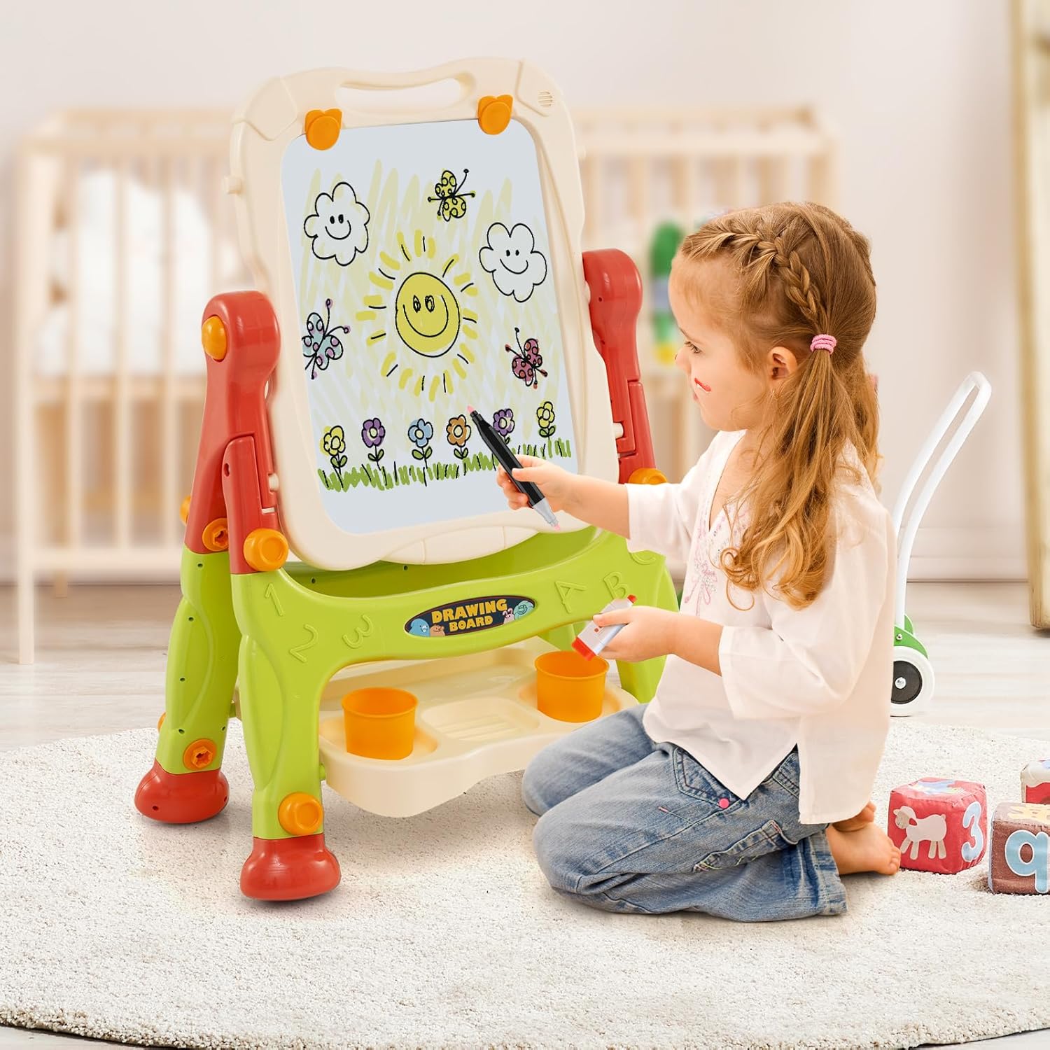 Cavalletto per Bambini, Lavagna Magnetica a Doppia Faccia Regolabile in Altezza, Tavolo da Disegno Staccabile con Manico Portatile e 2 Tazze, per Bambini 3 Anni + (Arancia)