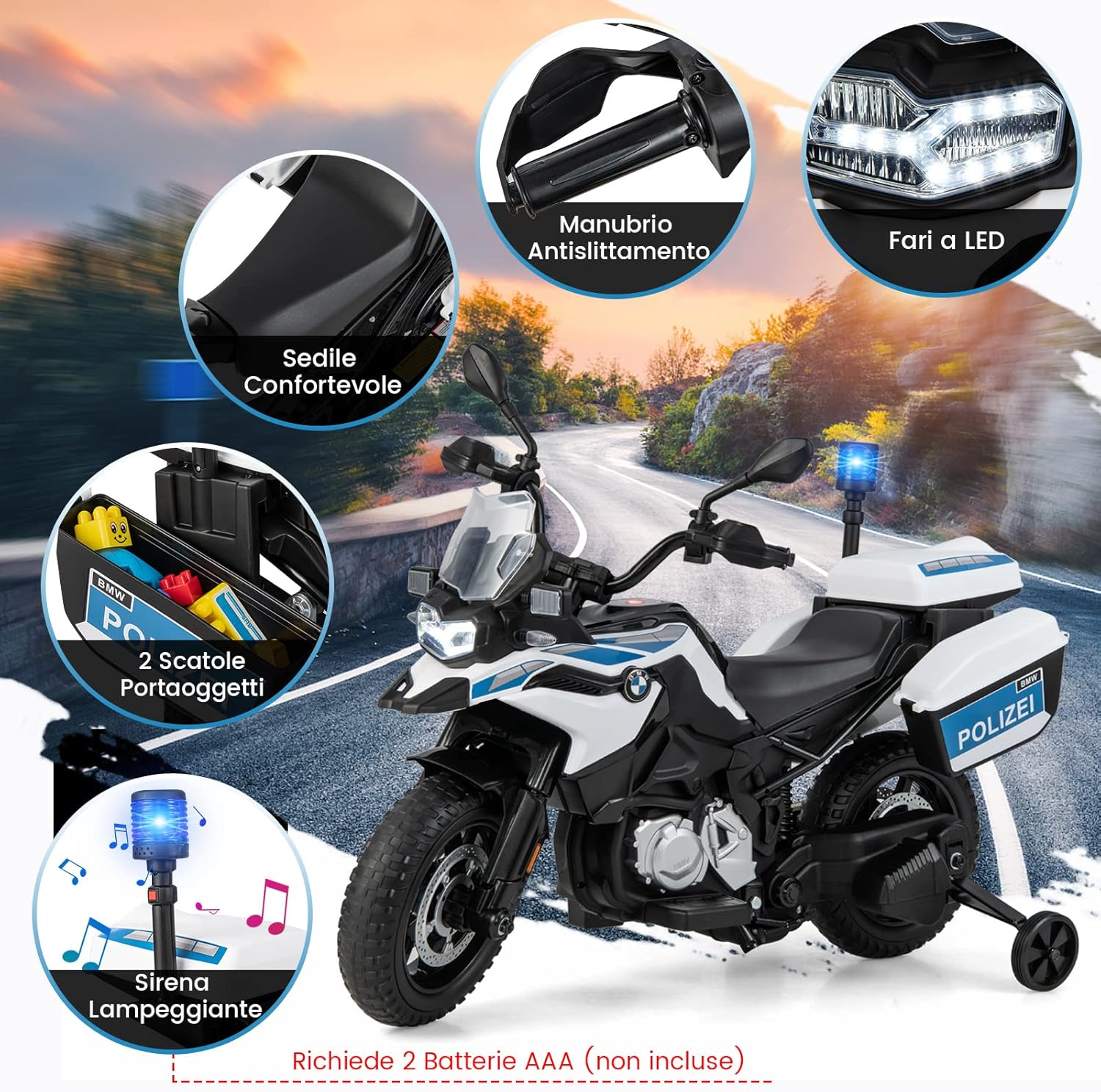 12V BMW Moto Cavalcabile per Bambini, Moto Elettrica con 2 Ruote di Formazione Rimovibili, Regalo per Bambini 3-8 Anni, 3-6 km/h