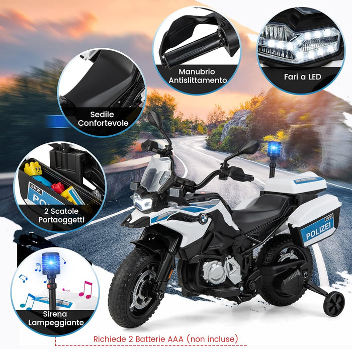 12V BMW Moto Cavalcabile per Bambini, Moto Elettrica con 2 Ruote di Formazione Rimovibili, Regalo per Bambini 3-8 Anni, 3-6 km/h