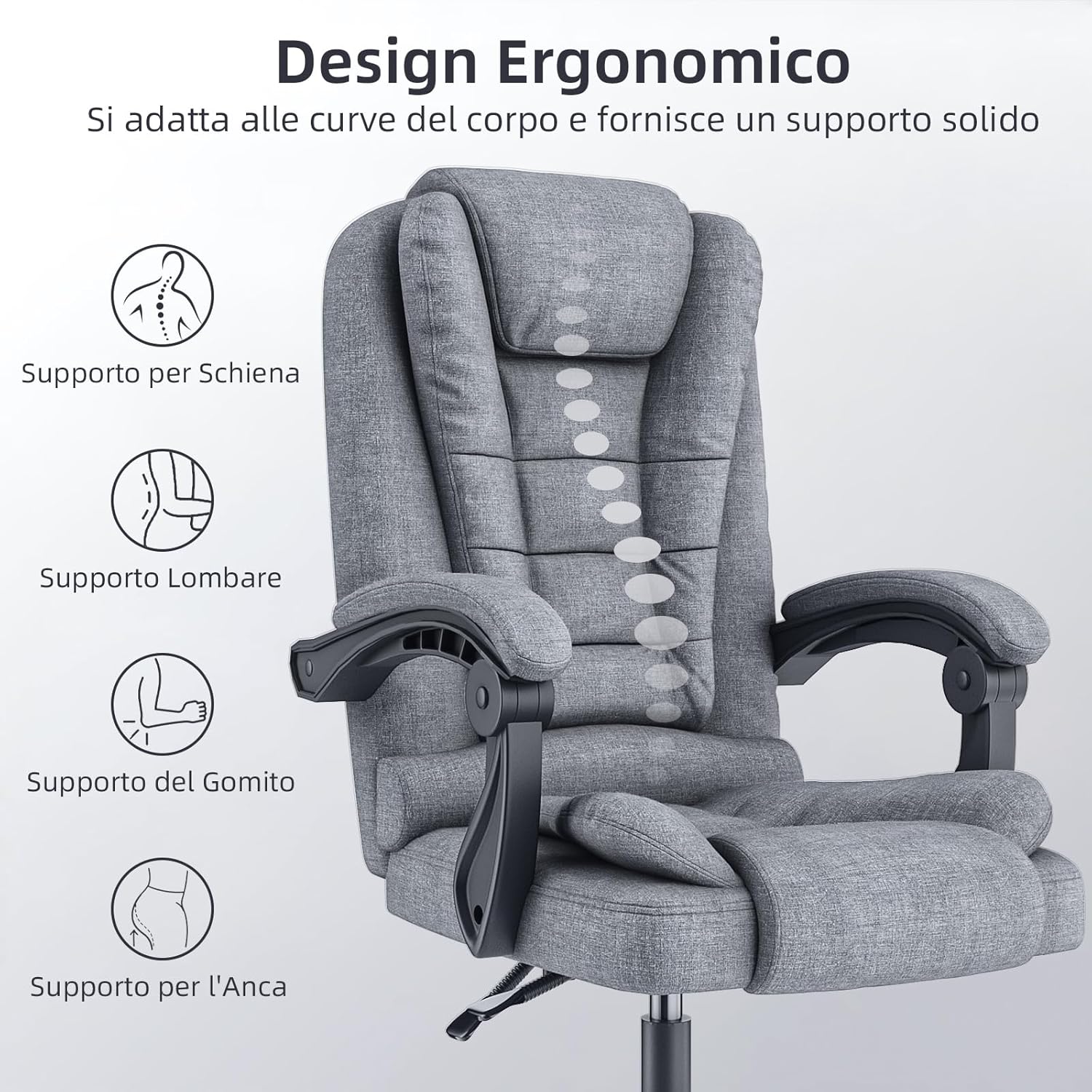 Sedia da Ufficio Ergonomica - RATTANTREE - Poltrona Direzionale con Sedile Largo - Grigio chiaro