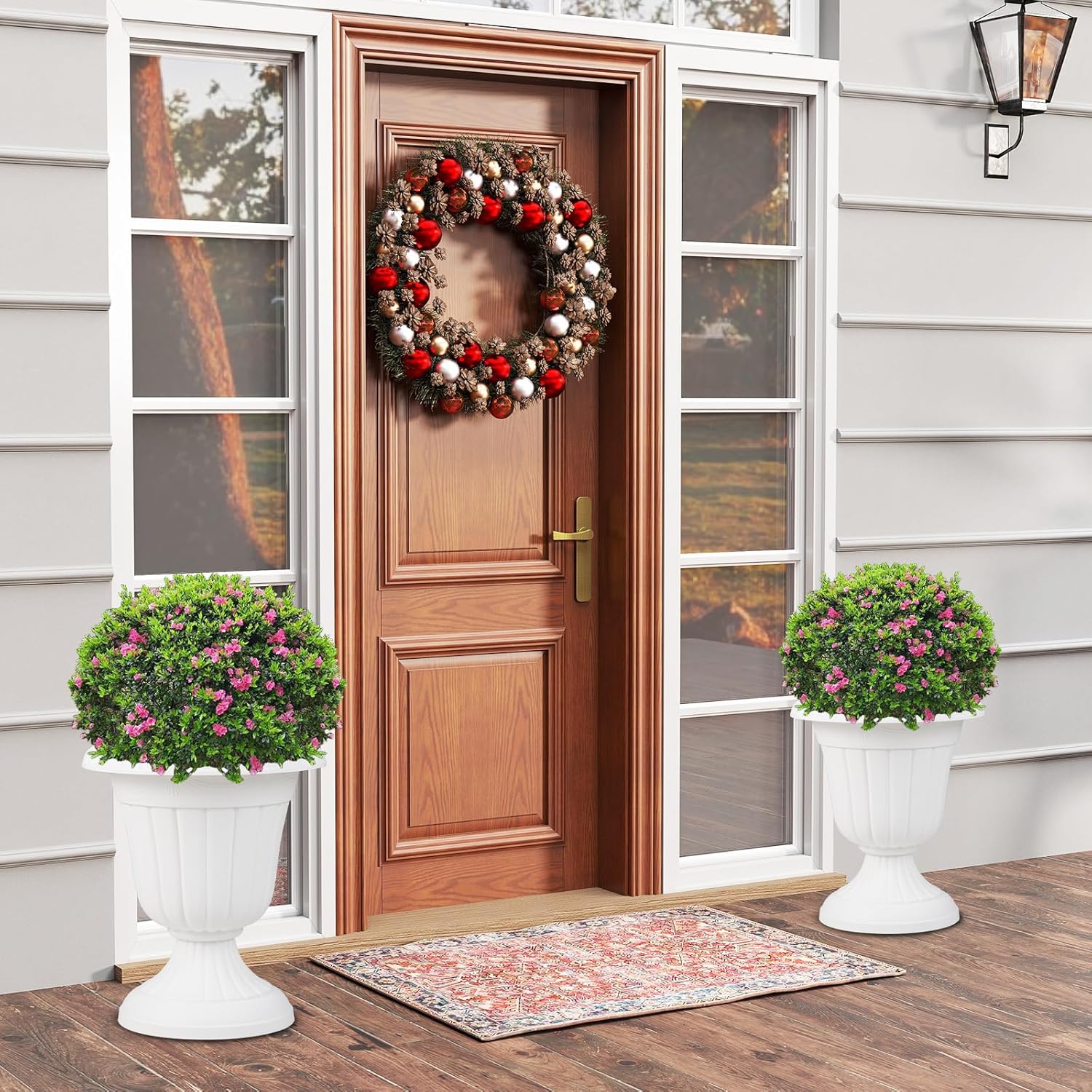 Set di 2 Vasi Alti, Vasi per Fiori in Plastica a Forma di Urna con Base a Piedistallo e Foro di Drenaggio, Contenitori Decorativi per Piante per Interni ed Esterni (Bianco)