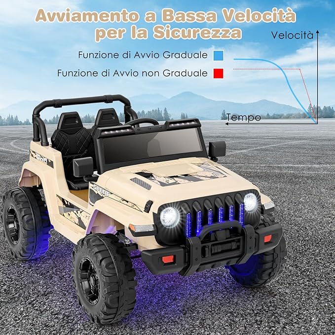 12V Auto per Bambini con Telecomando, Macchina Elettrica con 2 Posti Musica Porta USB e Luce, Velocità Regolabile 2,6-6km/h, per 3-8 Anni (Cachi)