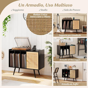 Supporto per Giradischi con Stazione di Ricarica, Credenza per Giradischi con Armadietto di Rattan, Mensole Regolabile, per 220 Album, Mobile Cucina Salvaspazio per Vinile (Nero)