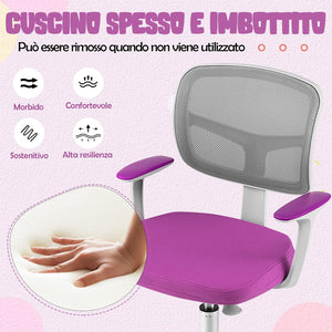 Sedia per Scrivania per Bambini, Sedia per Computer per Bambini con Altezza Regolabile, Ruote con Freni, Sedile Girevole a Rete, Sedia Ergonomica per Bambini 3-10 Anni (viola)