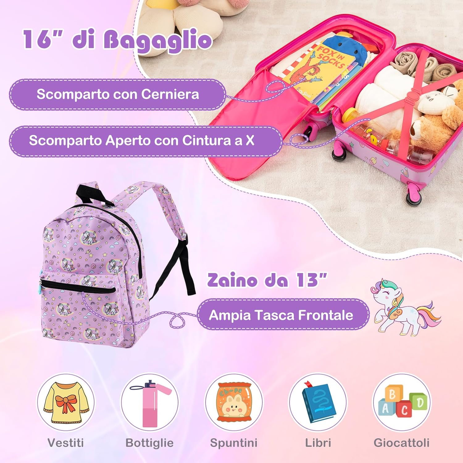 5 Pezzi Valigia per Bambini, Valigia con ManicoTelescopico da 16" con 13" Zainetto, Cuscino per Il Collo, Etichetta per Bagaglio, Borsa per Il Pranzo, con Ruote Girevoli a 360 ° (Modello 1)