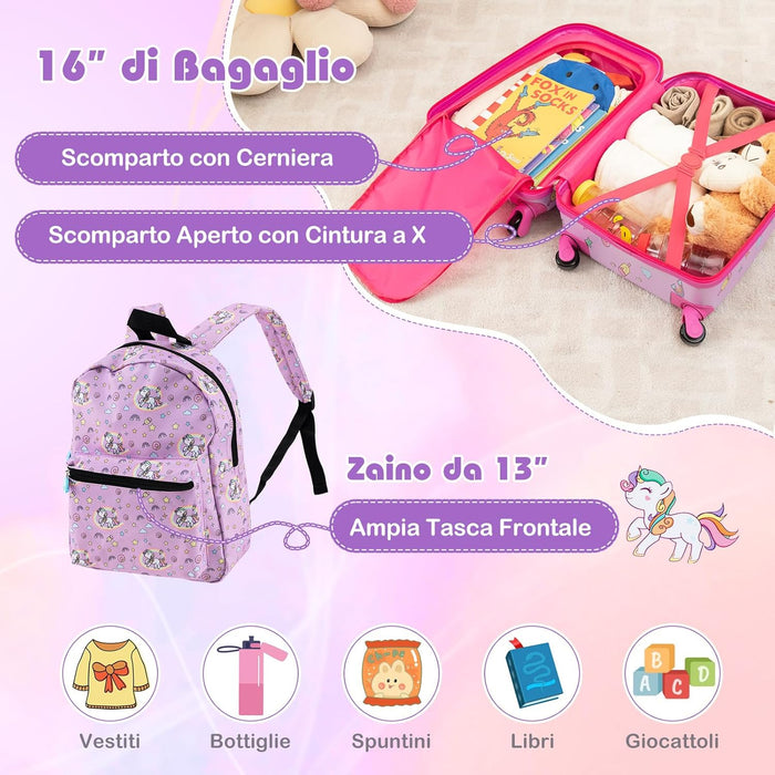 5 Pezzi Valigia per Bambini, Valigia con ManicoTelescopico da 16" con 13" Zainetto, Cuscino per Il Collo, Etichetta per Bagaglio, Borsa per Il Pranzo, con Ruote Girevoli a 360 ° (Modello 1)
