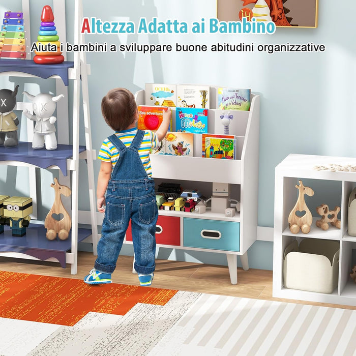 Libreria per Bambini, Scaffale in Legno per Bambini con 3 Ripiani, Scomparto Aperto e 2 Cassetti in Tessuto Pieghevoli, Organizzatore per Giocattoli, 63x30x97 cm (Bianco)