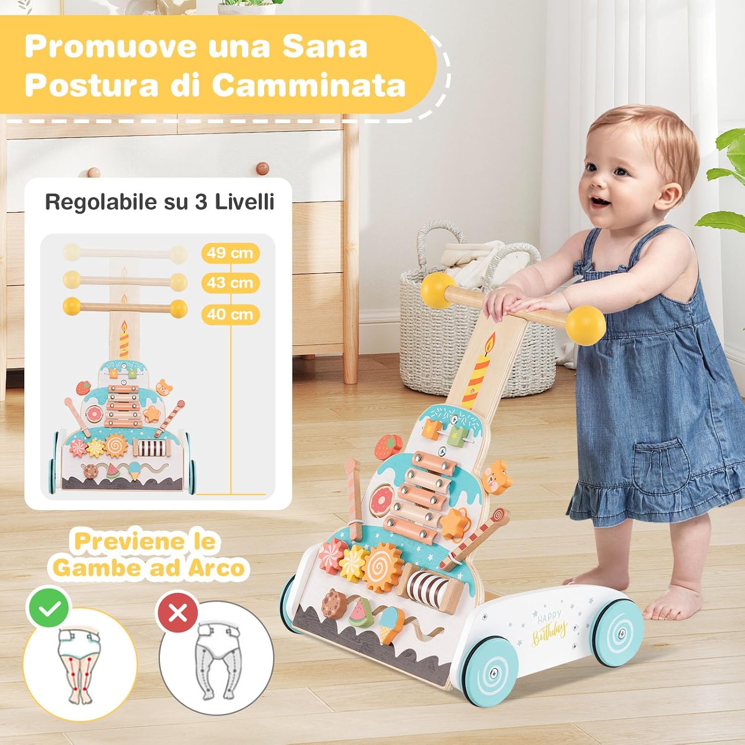 Girello in Legno per Bmabini, Passeggino Regolabile in Altezza con Centro Attività, Carello Primi Passi con Xilofono, Blocchi Scorrevoli e Perline Mobili, per Bambini 1+ Anni