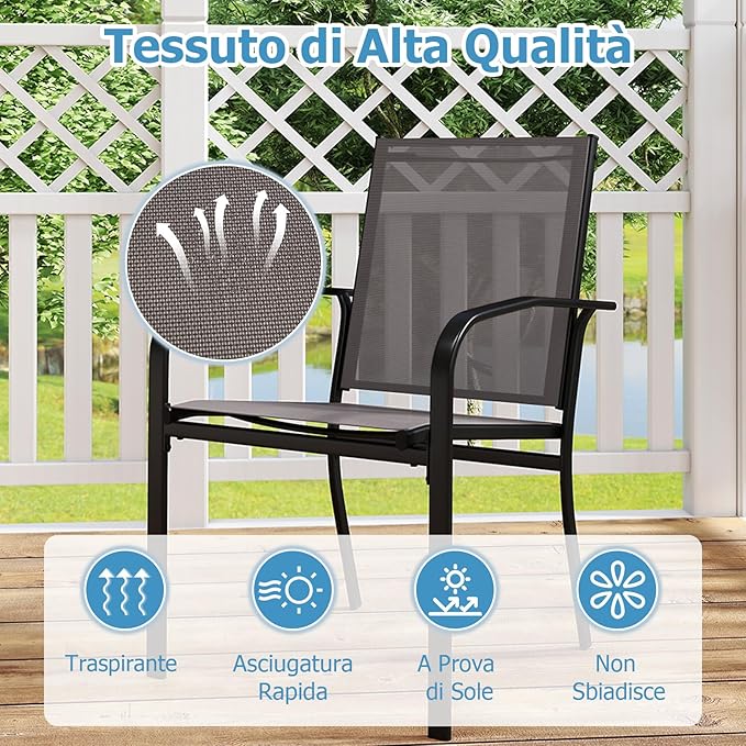 Set di 2/4 Sedie da Pranzo per Esterni, Sedia da Giardino Impilabili con Tessuto Traspirante, Braccioli, Schienale Alto e Telaio in Metallo, Portata 150 kg (Grigio,2)