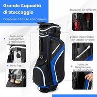 Sacca per Mazze da Golf, Borsa da Golf con Supporto, Divisori a 14 Vie, 6 Tasche, Borsa Frigo, Doppia Tracolla e Cappuccio Antipioggia, Ideale per Uomini e Donne