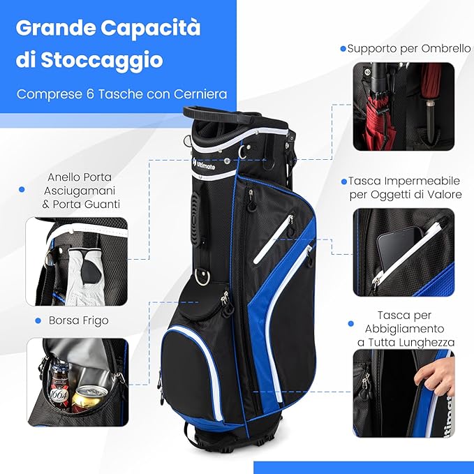 Sacca per Mazze da Golf, Borsa da Golf con Supporto, Divisori a 14 Vie, 6 Tasche, Borsa Frigo, Doppia Tracolla e Cappuccio Antipioggia, Ideale per Uomini e Donne