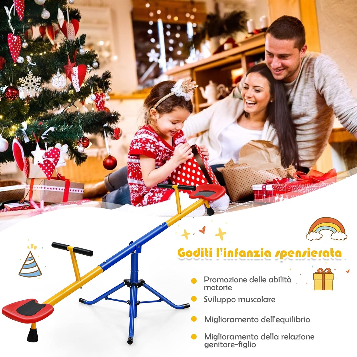 Altalena Basculante per Bambini, Altalena Saliscendi a 360° con Fermo per le Gambe, Altalena Basculante per Esterno Cortile e Parco Giochi, 2 Posti a Sedere