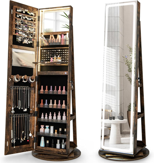 Mobile Portagioie con Specchio a LED, Armadietto Portagioielli Autoportante Girevole, Organizzatore per Gioielli con Chiavi, Mensola Pieghevole (Industriale, 54,5 x 54,5 x 160 cm)
