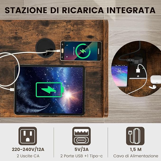 Supporto per Giradischi, Porta Vinili con 4 Ripiani Aperti, Presa di Corrente e Porta USB, con Mensole Espositive, per Soggiorno, Camera da Letto e Ufficio, 43 x 34,5 x 67,5 cm (Marrone)