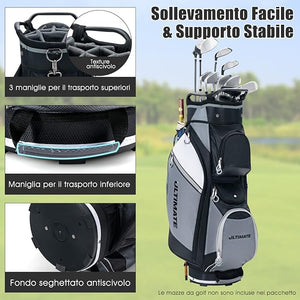 Borsa da Golf con 14 Divisori, Sacca per Mazze da Golf con Borsa Termica, Cappuccio Impermeabile, Maniglie e Tracolla, Ideale per Uomini e Donne, Nero e Grigio