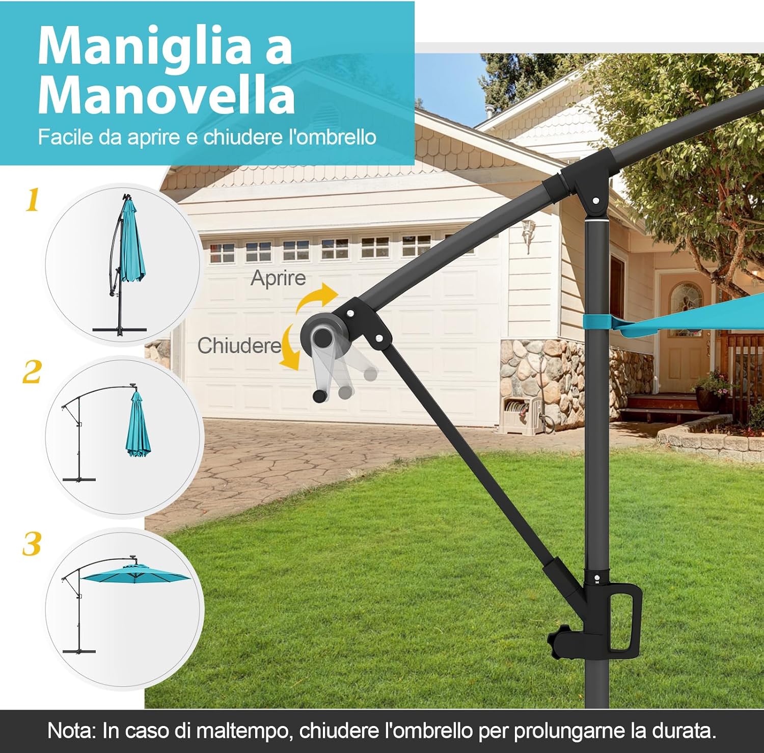 Ombrellone da Giardino ∅300 cm con 32 Luci LED, Ombrellone Prendisole con Rotazione di 360°, Inclinazione Regolabile, 8 Stecche, Manovella, per Giardino Piscina Cortile (Turchese)
