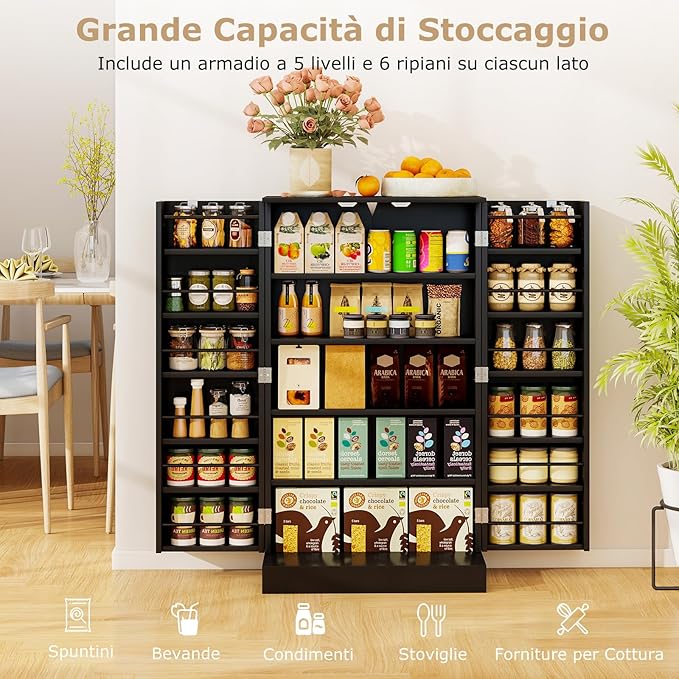 Armadietto Dispensa Alto 104 cm, Mobiletto da Cucina con Ante e Ripiani Regolabili, Credenza Autoportante per Sala da Pranzo, Soggiorno, Camere da Letto, 59 x 30 x 104 cm (Nero)