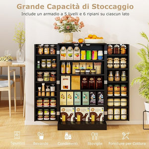 Armadietto Dispensa Alto 104 cm, Mobiletto da Cucina con Ante e Ripiani Regolabili, Credenza Autoportante per Sala da Pranzo, Soggiorno, Camere da Letto, 59 x 30 x 104 cm (Nero)