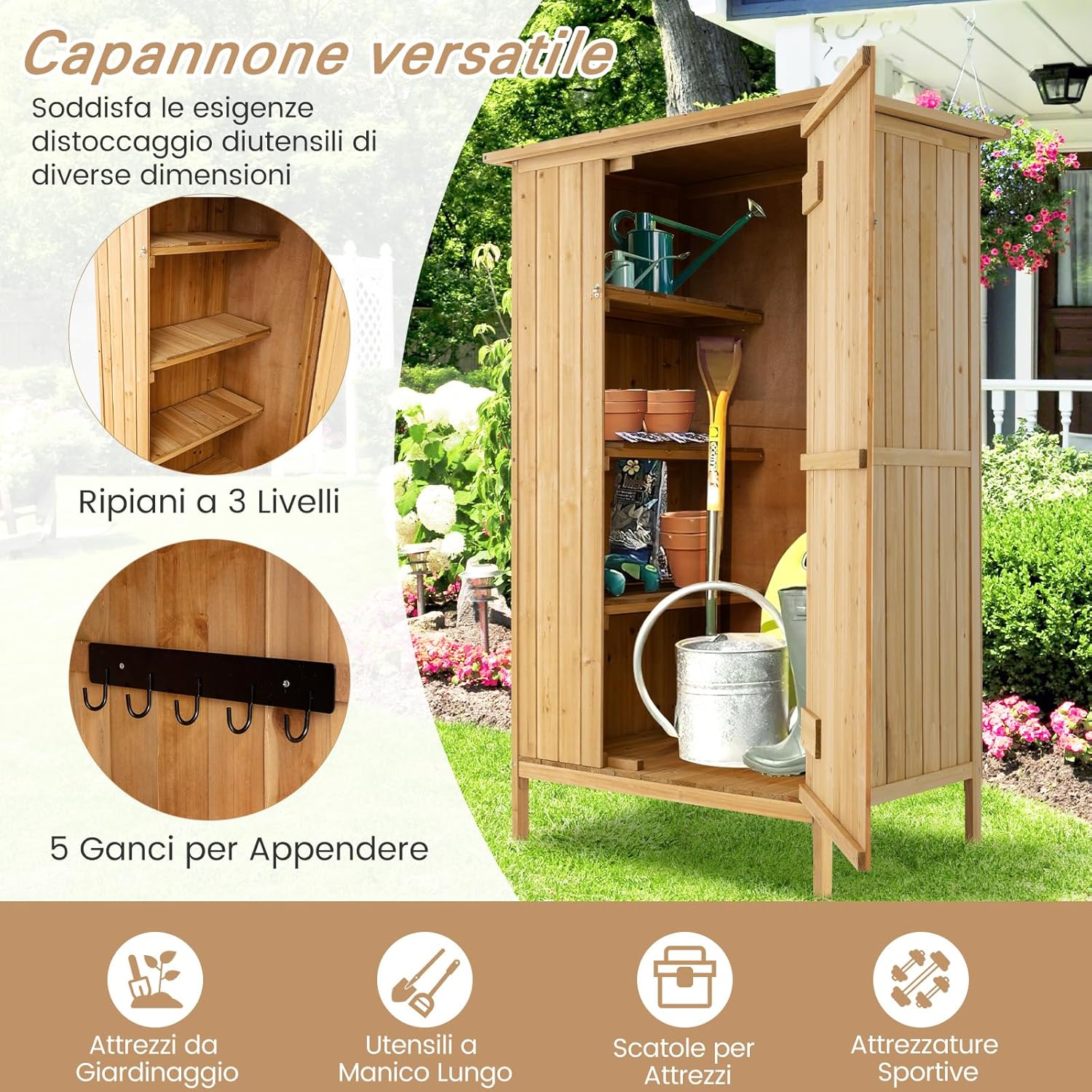 Armadio da Esterno, Casetta Porta Attrezzi da Giardino in Legno con Tetto in Asfalto, 3 Ripiani, Porta con Serratura e 5 Ganci, Ripostiglio per Balcone, Patio e Giardino, 91 × 66 × 150 cm