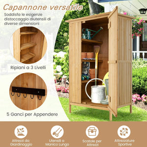 Armadio da Esterno, Casetta Porta Attrezzi da Giardino in Legno con Tetto in Asfalto, 3 Ripiani, Porta con Serratura e 5 Ganci, Ripostiglio per Balcone, Patio e Giardino, 91 × 66 × 150 cm