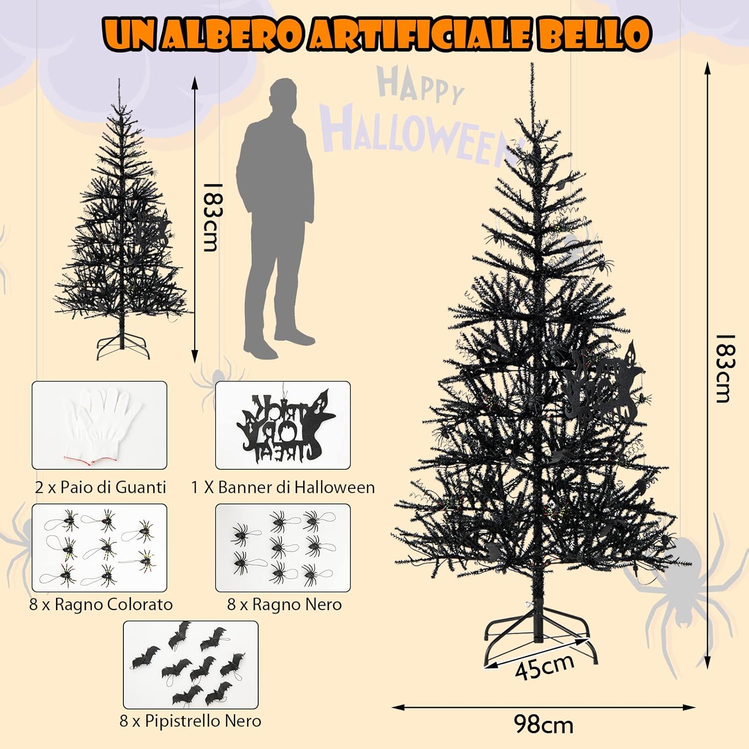 Albero di Natale Nero 183 cm, Albero di Natale Halloween con 791 Punte di Rami in PVC, 250 Luci LED e Ornamenti, Albero di Natale Artificiale con Luci per Casa, Ufficio e Scuola